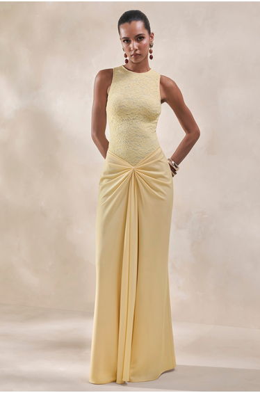 Setaria | Lemon Satin Maxi-Skirt With Gathered-Detailing And Sash