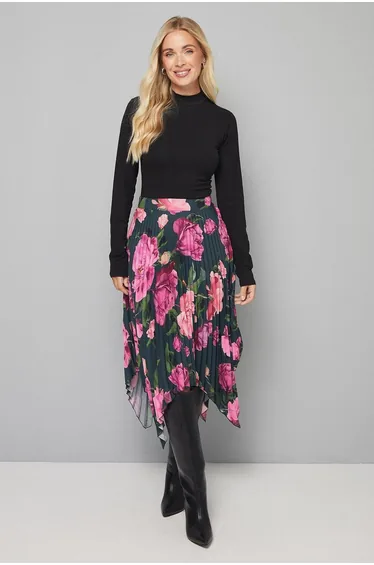 Petite Floral Pleated Hanky Hem Midi Skirt