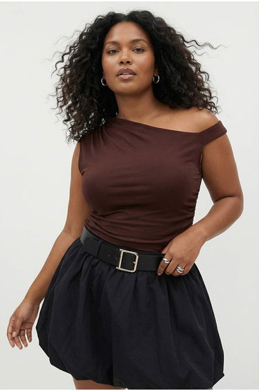 Brown Asymmetric Collar Sandy Knitted Plus Size Blouse