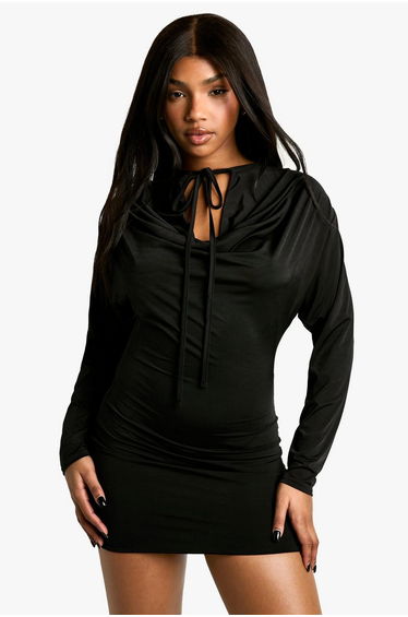 Cowl Strap Detail Long Sleeve Mini Dress - black