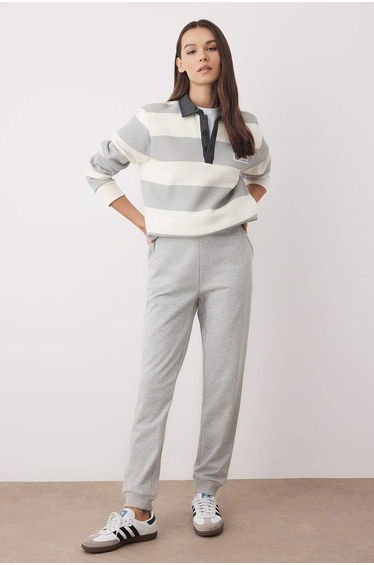 Gray Melange Waist Detailed Jogger Thick Polar Fleece Knitted Sweatpants