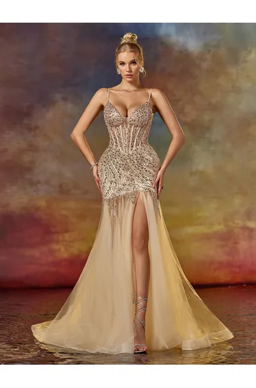 Modecrush Deep V Neck Spaghetti Mermaid Prom Dress