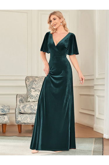 ever REINE|Elegant Double V Neck Velvet Evening Dress with Sleeves