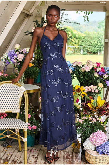 Désirée Sequin V-Neck Backless Maxi Dress in Blue