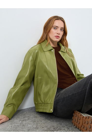 Women Olive Green Zip Up Faux Leather Jacket