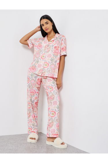 Paisley Piped Short Sleeve Shirt and Pyjama Set