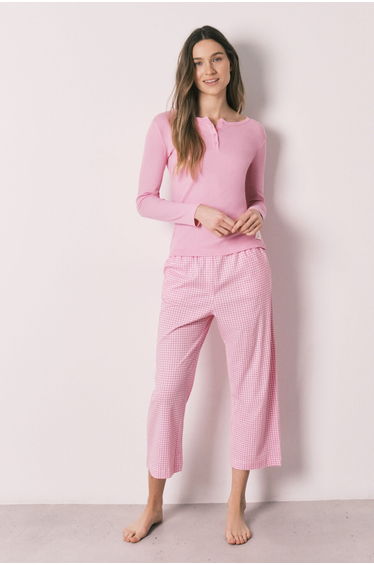Pink cotton gingham print long pyjamas