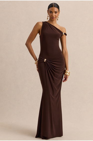 Caelia | Brown Asymmetric-Neck Maxi Dress With Gold-Detailing And Sash