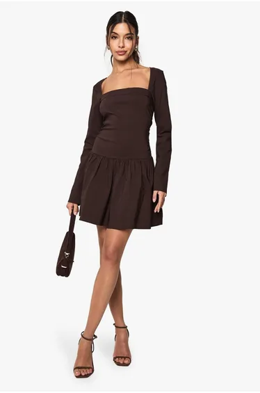 فستان قصير بأكمام طويلة - بني 