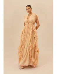 Sweet Attraction Peach Pink Ruffle Deep V Tiered Maxi Dress - 5