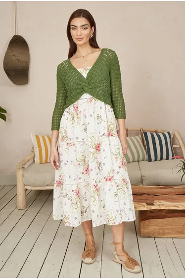 Yumi Green Cotton Crochet Twisted Bolero Top
