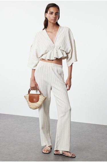 Ecru Elastic Waist Textured Fabric Woven Trousers