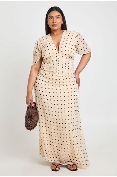 Plus Polka Dot Chiffon Ruched Waist Maxi Dress - ivory