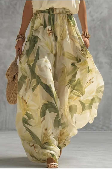 High Waisted Wide Leg Contrast Color Elasticity Flower Print Pants Trousers