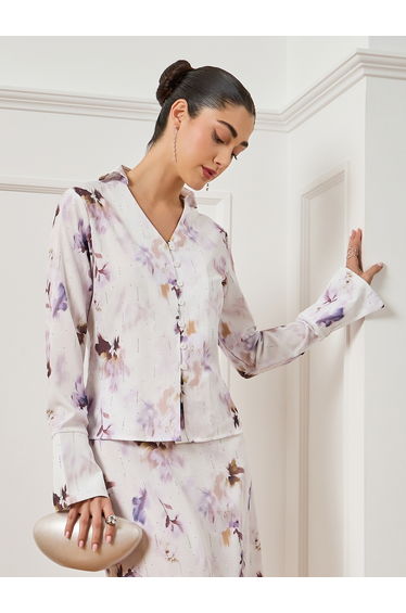 Women Off-White Floral Print Long Sleeve Blouse