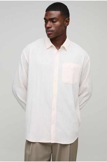 Oversized Textured Pleated Shirt - ecru