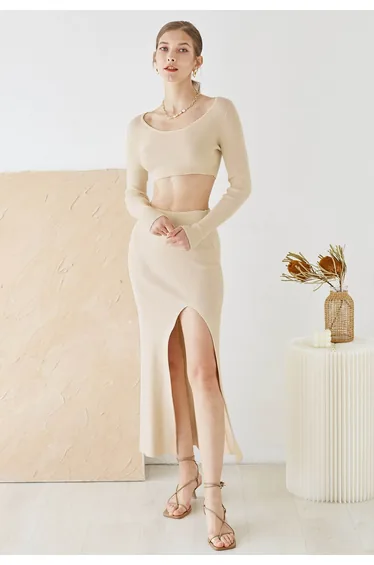 Knitted Crop Top and High Slit Maxi Skirt Set in Light Tan