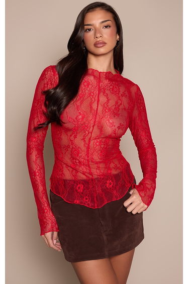 Red Long Sleeve Delicate Lace Top