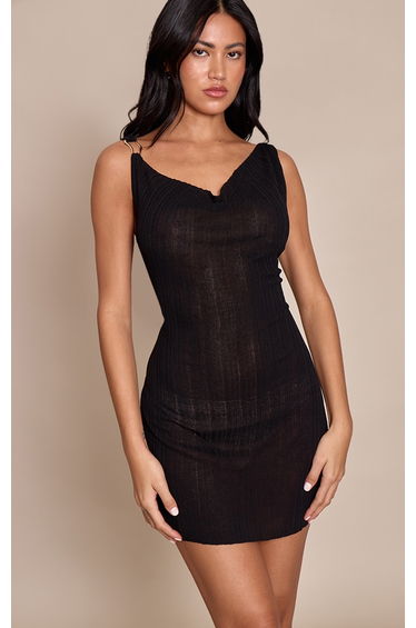 Black Trim Detail Cowl Neck Knit Mini Dress