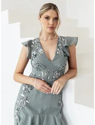 Maya Misty Green Embellished V Neck Ruffle Maxi Dress - 5