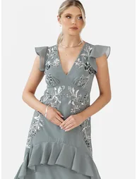 Maya Misty Green Embellished V Neck Ruffle Maxi Dress - 1