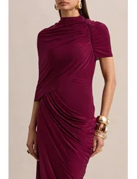 Lunaline | Burgundy High-Neck Maxi Dress With Asymmetric Cape And Draped-Detailing - 2