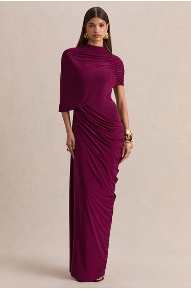 Lunaline | Burgundy High-Neck Maxi Dress With Asymmetric Cape And Draped-Detailing