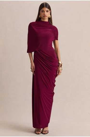 Lunaline | Burgundy High-Neck Maxi Dress With Asymmetric Cape And Draped-Detailing