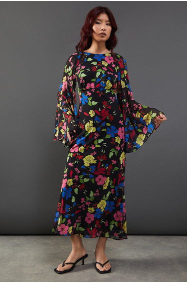 Floral Chiffon Slash Neck Cross Back Godet Sleeve Midi Dress