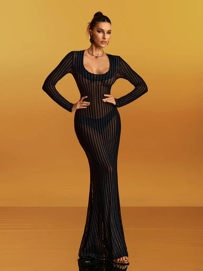 striped mesh maxi dress Striped Mesh Maxi Dress Black