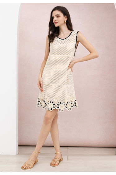 3D Crochet Rose Sleeveless Open-Knit Dress in Ivory for Afternoon Tea & Garden Party