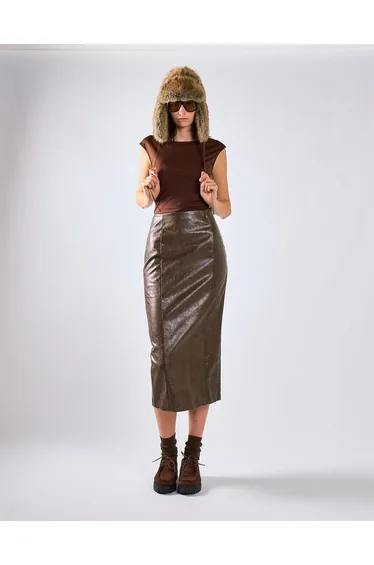 Brown PU Midi Bodycon Skirt