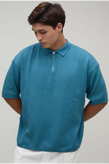 Oversized Boxy 1/4 Zip Cotton Blend Knitted Polo - teal
