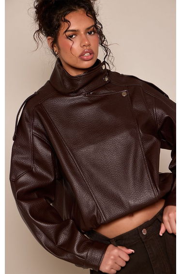 Dark Chocolate Funnel Neck Faux Leather Biker Jacket