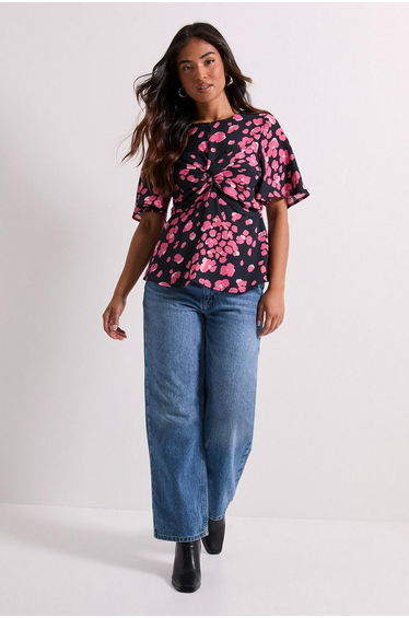 Petite Pink Animal Twist Front Angel Sleeve Top