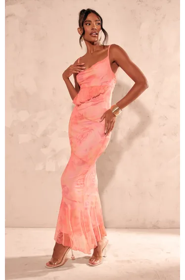 Pink Printed Mesh Frill Cowl Back Maxi Dress