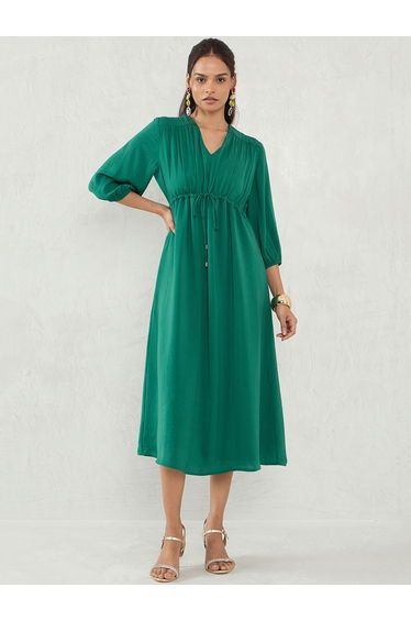 Green Solid Drawstring Waist A-Line Midi Dress