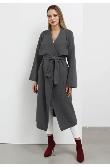 Wide Lapel Tie Waist Longline Knit Cardigan in Smoke