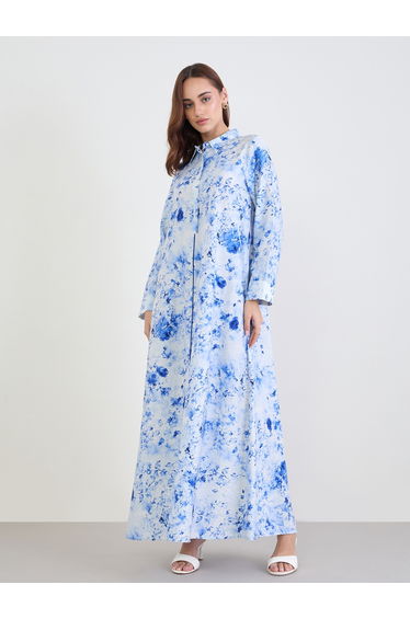 Women Blue Floral Printed Collared Jalabiya