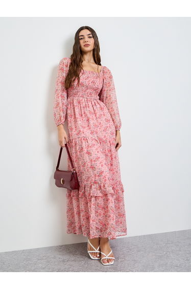 Pink Floral Print Tiered Maxi Dress