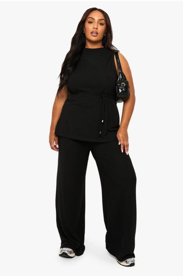 PLUS BRUSHED TUNIC TIE BELT TOP AND WIDE LEG TROUSER