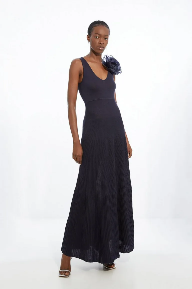 Viscose Blend Corsage Detail Maxi Dress