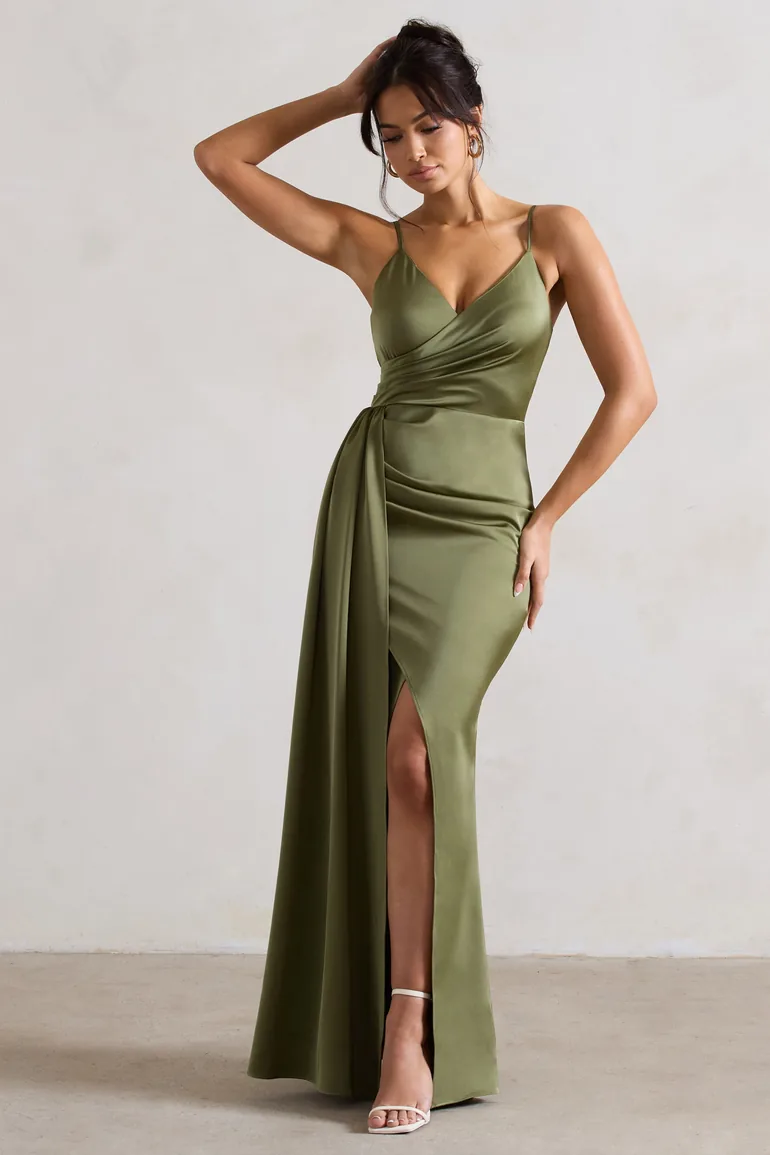 slim fit dress slacks Encore Strapless Satin Maxi Dress Olive main image 0