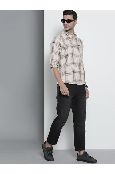 Men Cream Plaid Slim Fit Shirt