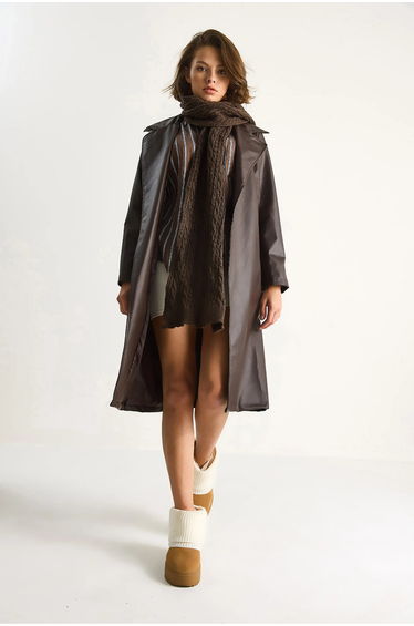 LUCCI Midi Length Faux Leather Trench Coat with Tie Closure