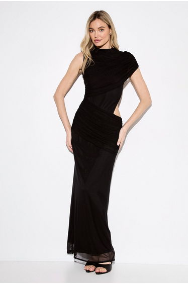 Gathered Mesh Cut Out High Neck Maxi Dress