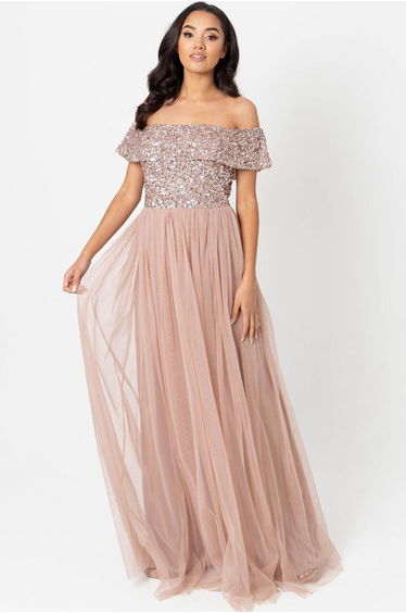 Maya Curve Taupe Blush Bardot Embellished Maxi Dress