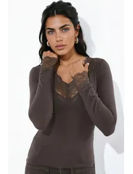 V-Neck Stretch Knit Top with Lace Detail