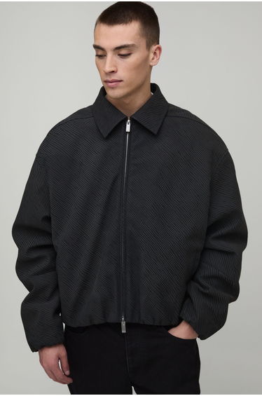 Boxy Fit Textured PU Zebra Elasticated Hem Harrington Jacket - black