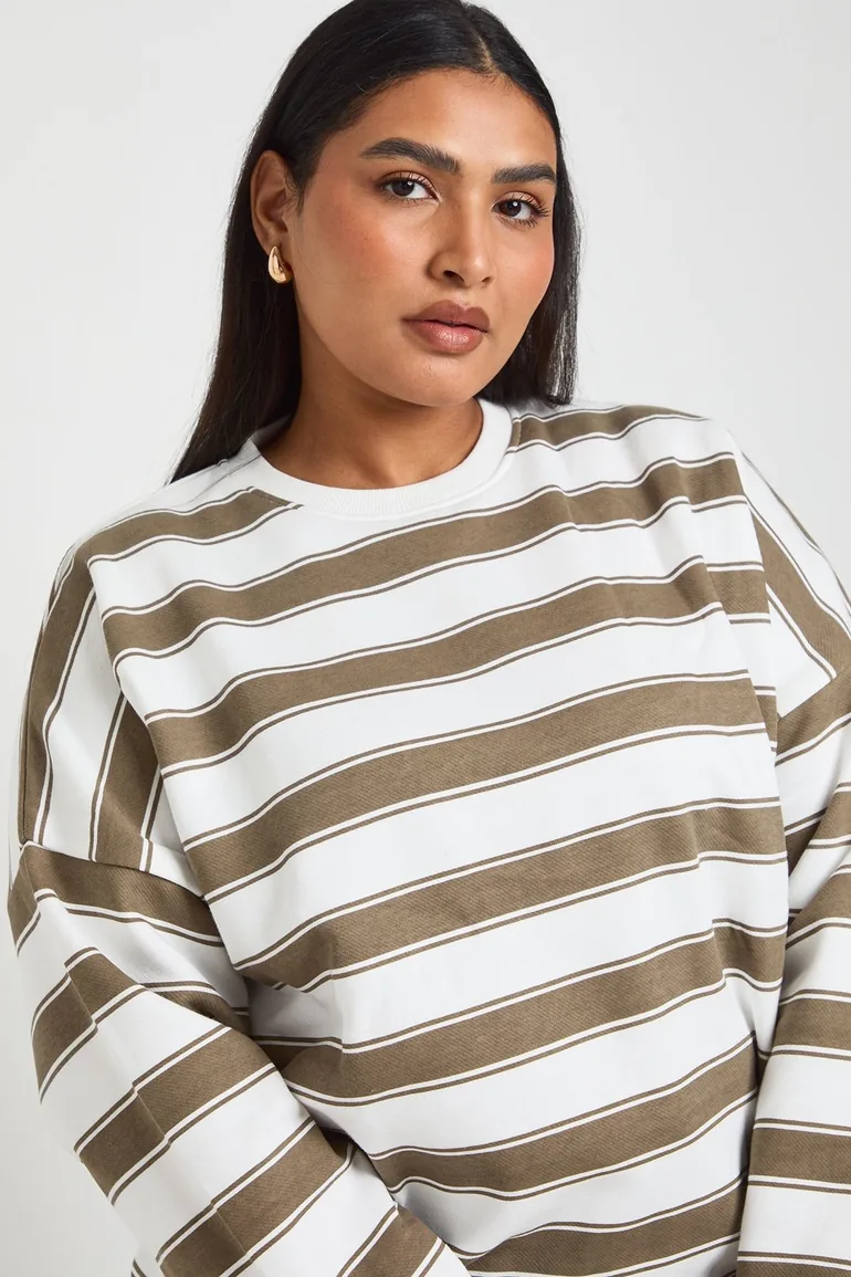 Plus Stripe Oversized Sweatshirt - beige - 3